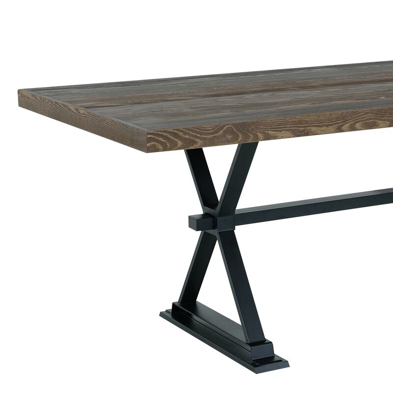 Tinaa Dining Table, Industrial Trestle Base, Brown Pine Wood, 79 Inch - Benzara