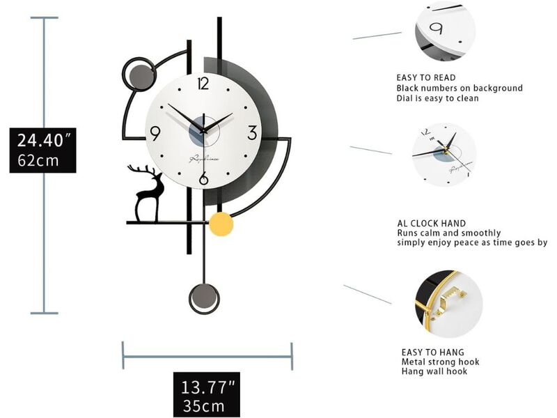 24 Inch Modern Pendulum Wall Clock - Silent Quartz Battery Operated Deer Decor image number 2