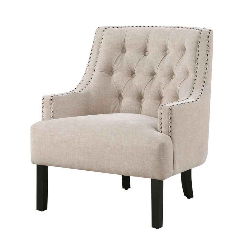 Daisie Accent Armchair, Button Tufted Beige Chenille, Solid Wood