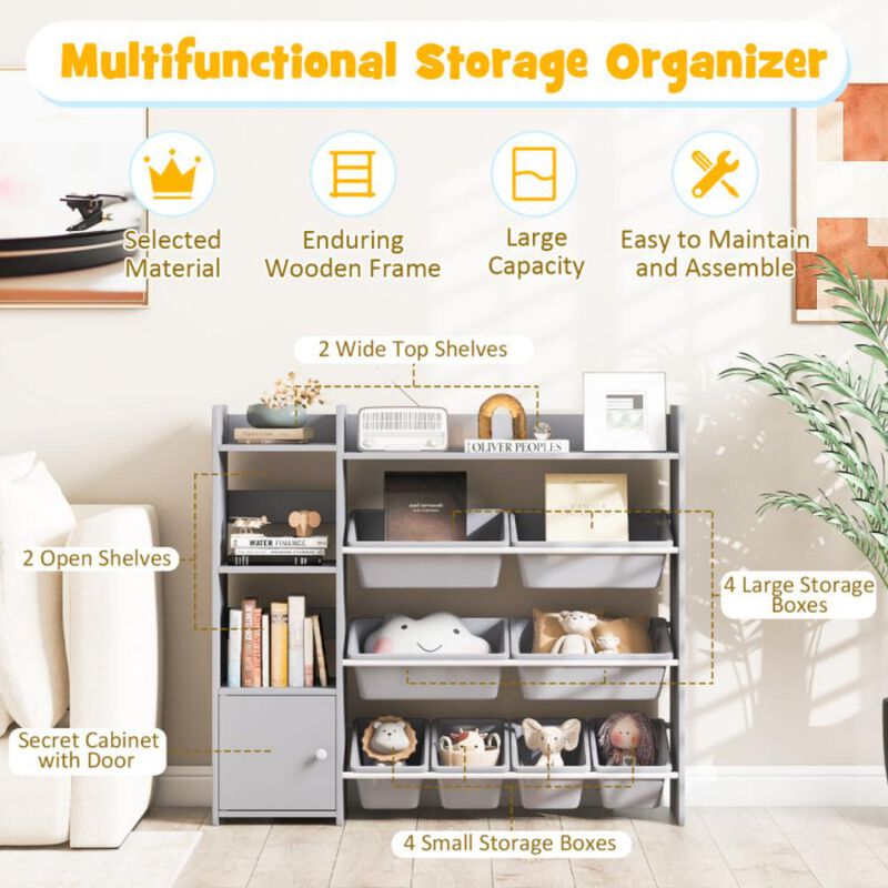 Hivvago 4-Tier Kids Bookshelf and Toy Storage Rack with 8 Toy Organizer Bins