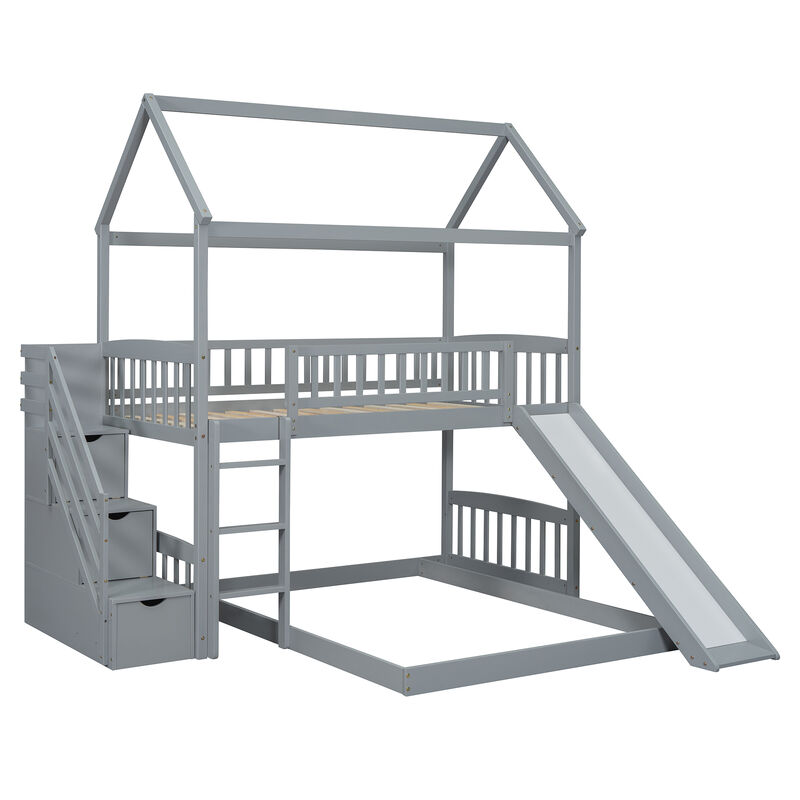 Whisen 77.4"x41.6" Twin Over Full Bunk Bed with Slide, Solid Wood Playhouse for Kids Bedroom image number 8