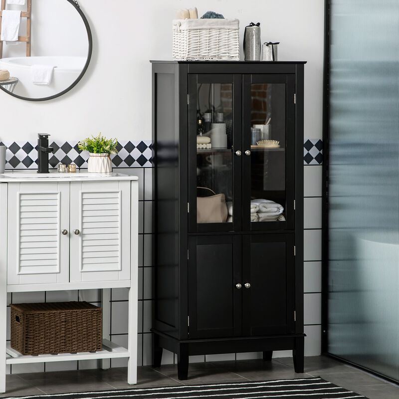 Bathroom Floor Cabinet with 2 Storage Cabinets, Tempered Glass Door, Freestanding Linen Tower with Adjustable Shelves for Living Room, Black