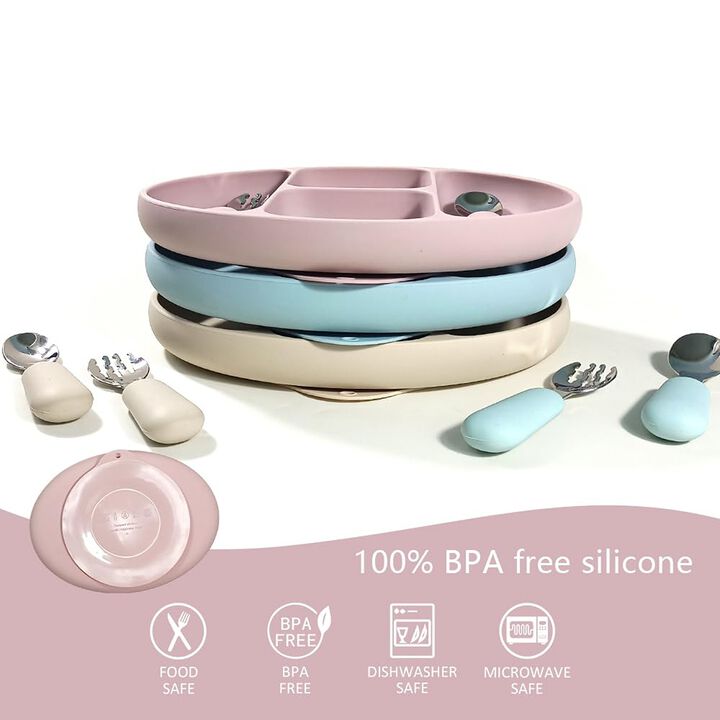 Silicone Suction Baby Feeding Set – Includes Divided Bowl, Plate, Spoon, Fork – BPA-Free, Non-Toxic, and Kid-Safe Tableware (Pink)