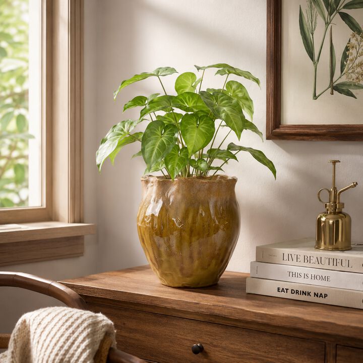 Ashly Decorative Planter with Scalloped Rim, Yellow Textured Ceramic 8 Inch