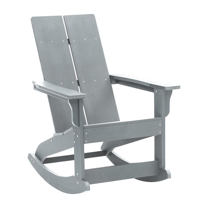 Flash Furniture Finn Modern Commercial Grade Poly Resin Wood Adirondack Rocking Chair - All Weather Gray Polystyrene - Dual Slat Back - Stainless Steel Hardware