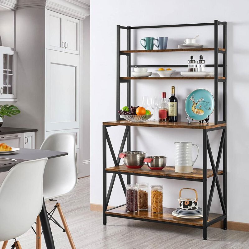 Industrial Metal and Wood Bakers Rack – Modern Kitchen Storage Shelf