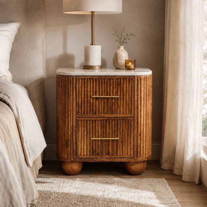 Artisan Furniture Solid Wood Marble Crest Bedside, 2 Drawers, Brown