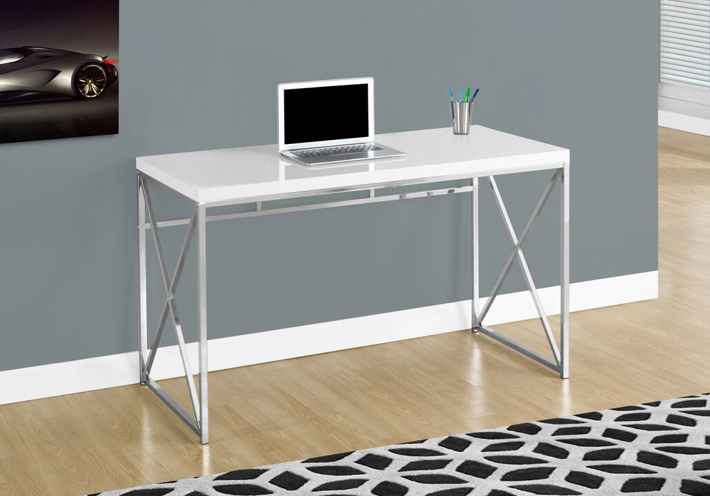 Monarch Specialties Computer Desk, Home Office, Laptop, Work, Metal, Laminate, Glossy White, Chrome, Contemporary, Modern