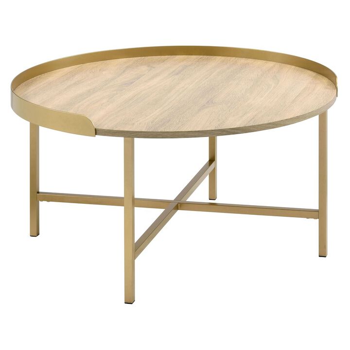 Plethoria Home Oak and Gold Coffee Table with Tray Top