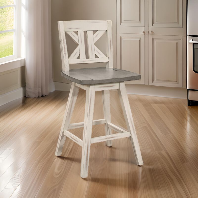 Ati 29 Inch Bar Height Stool Swivel Chairs Set of 2, Divided X Back, Gray, White