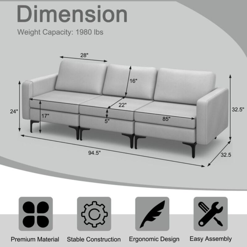 Hivvago 3-Seat Sectional Sofa Couch with Armrest Magazine Pocket and Metal Leg