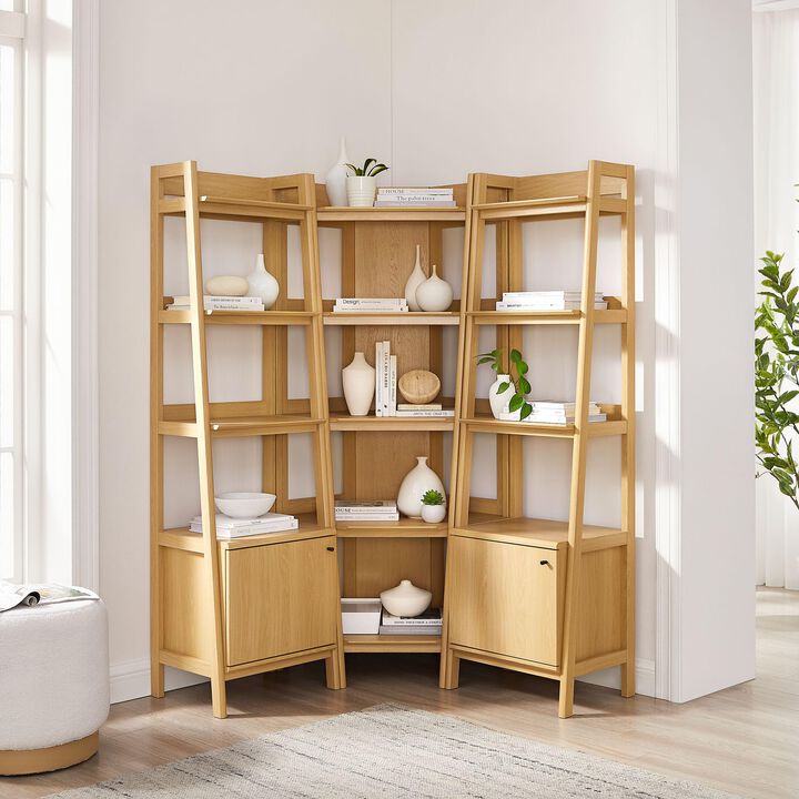Modway Bixby 3-Piece Corner Bookshelf Set with Narrow Bookshelves in Walnut &ndash; 12-Tier Wood Bookcases with Open Shelves for Living Room, Bedroom, Or Home Office