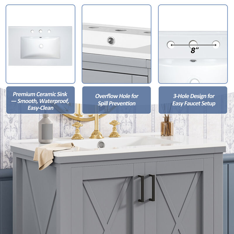 Whisen 30-inch Bathroom Vanity with Single Sink, Solid Wood Frame + MDF, 2 Soft-Close Doors, 1 Divided Drawer, Dual Storage Shelves