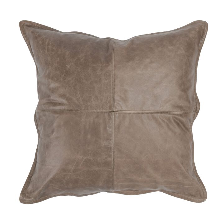 Norm 22 Inch Square Leather Decorative Throw Pillow, Stitched, Taupe Brown - Benzara