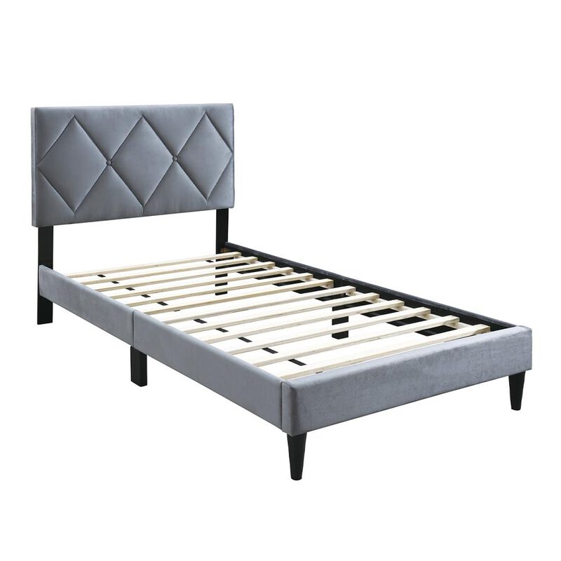 Lilian Full Size Bed, Tufted Gray Velvet Upholstery, Diamond Stitch - Benzara