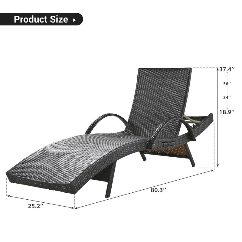 Wicker Chaise Lounge Chairs Set of 2, 80-Inch Recliners in Dark Brown with Pull-Out Table image number 8