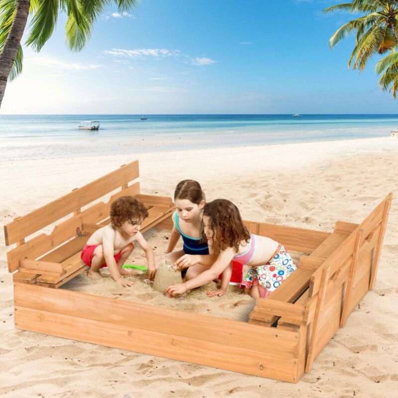 Hivvago Kids Wooden Sandbox with 2 Foldable Bench Seats