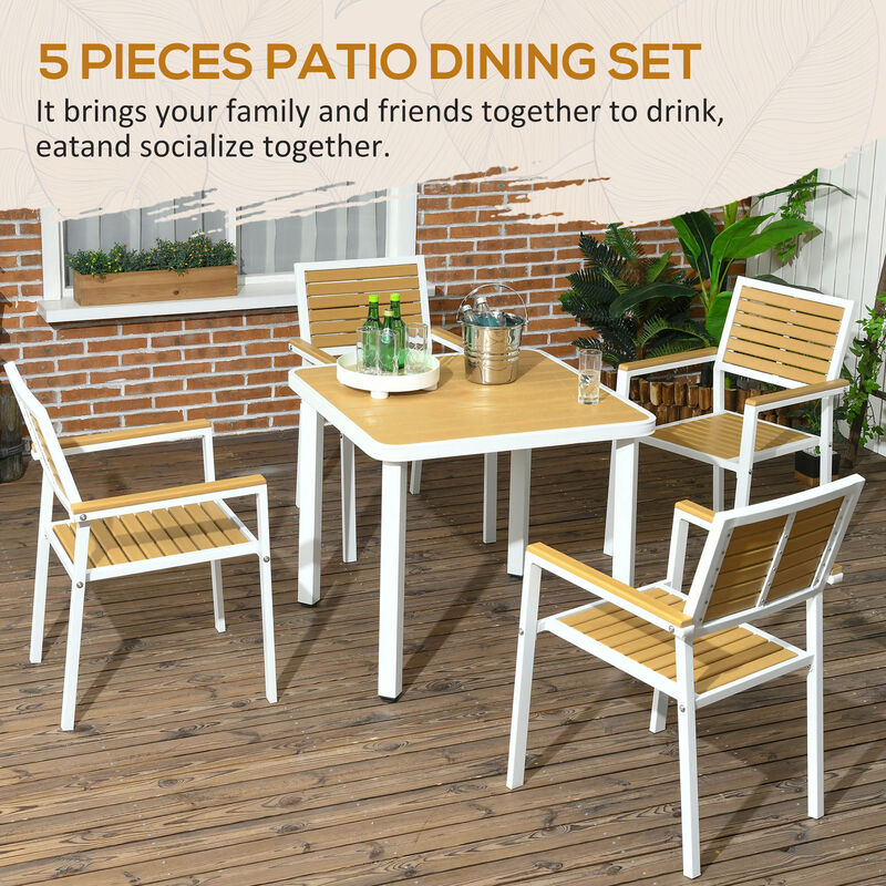 Outsunny 5 Pieces Outdoor Table and Chairs, Aluminum Patio Dining Set for 4, Conversation Furniture with HDPE Materials, Dinner Table with Umbrella Hole, Yellow