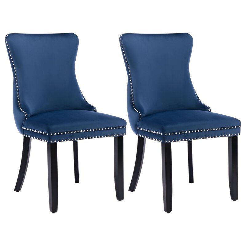 Set of 2 Wing-Back Dining Chairs, Backstitching, Nailhead Trim, Solid Wood Legs