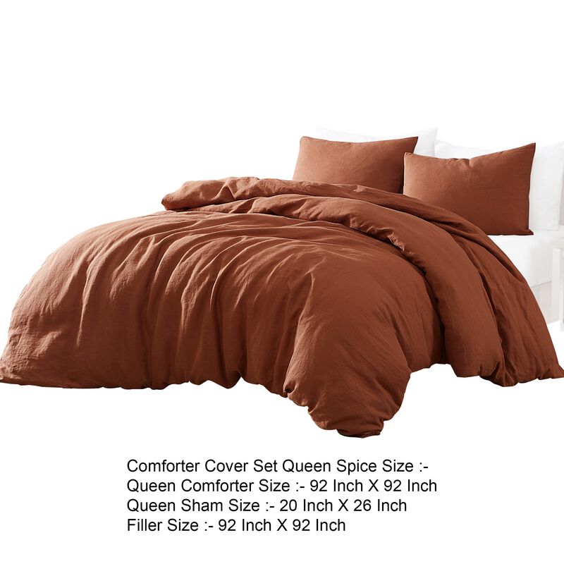 Edge 4 Piece Queen Size Duvet Comforter Set, Washed Linen, Rust Orange - Benzara