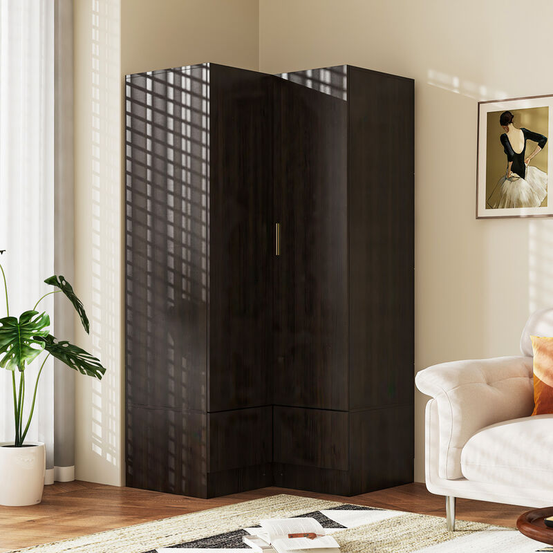 FUFU&GAGA Corner Wardrobe Closet with Adjustable Shelves and Drawers,(35.4" W x 35.4" D x 70.9" H), Dark Brown