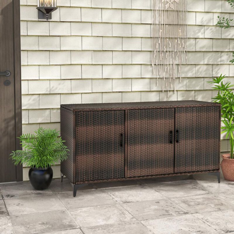 Hivvago 84 Gallon Patio Wicker Deck Box 3-Door PE Rattan Storage Container with Removable Shelves