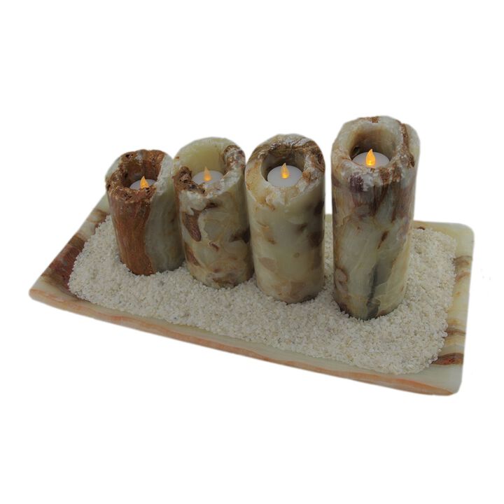 Red And White Marble Artisan Hand Crafted 5 Piece Marble Candle And Tray Set