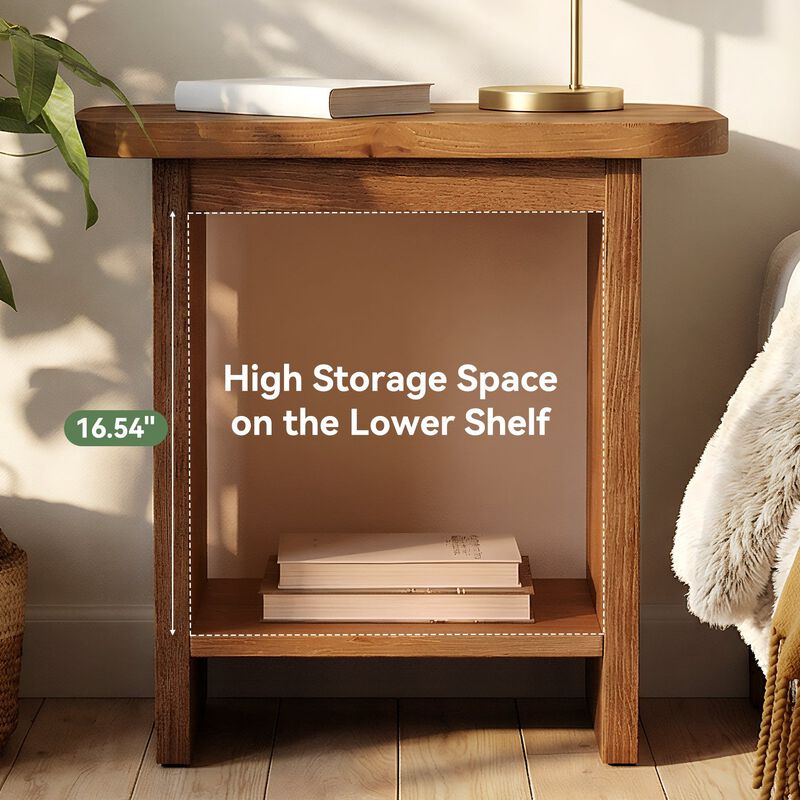 2-Tier H-Shaped Side Table, Solid Wood End Table with Storage Shelf image number 4