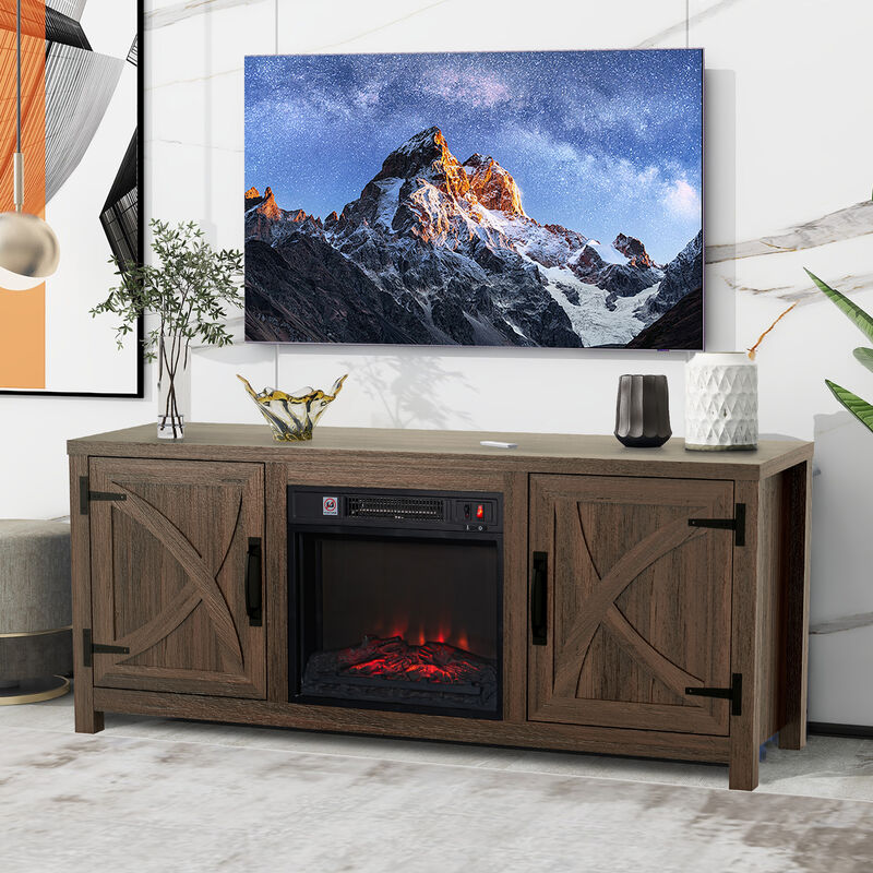 58" Farmhouse TV Stand for TV up to 65" with Electric Fireplace