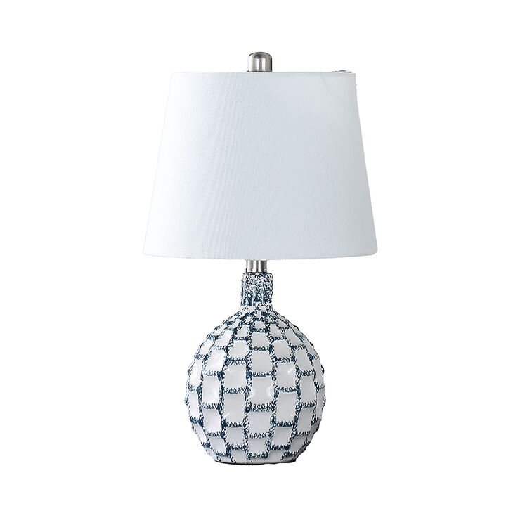 20 Inch Table Lamp, Luxurious Lattice Ceramic Body, Drum Shade, Blue Silver - Benzara