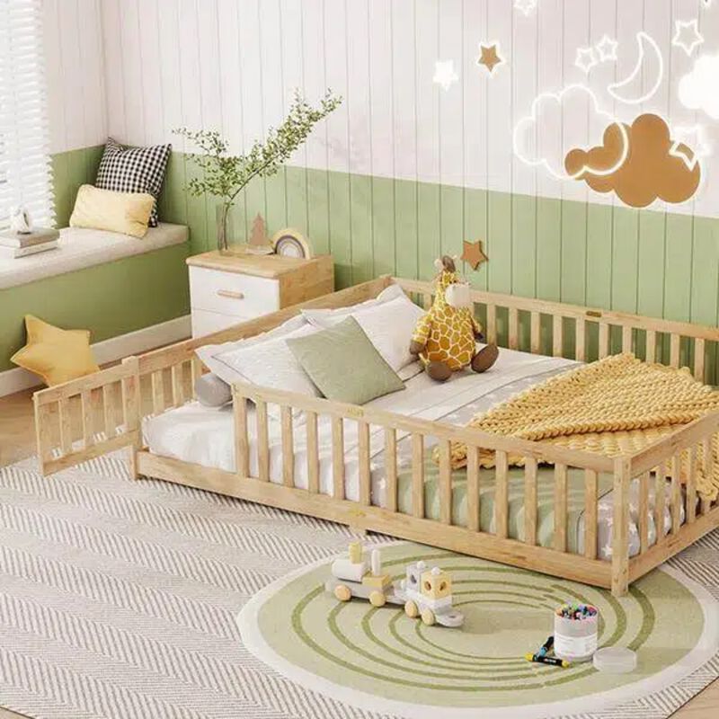 Whisen Queen Floor Bed with Safety Fence & Secure Door, Rubber Wood Low-Profile Platform Bed for Children image number 4