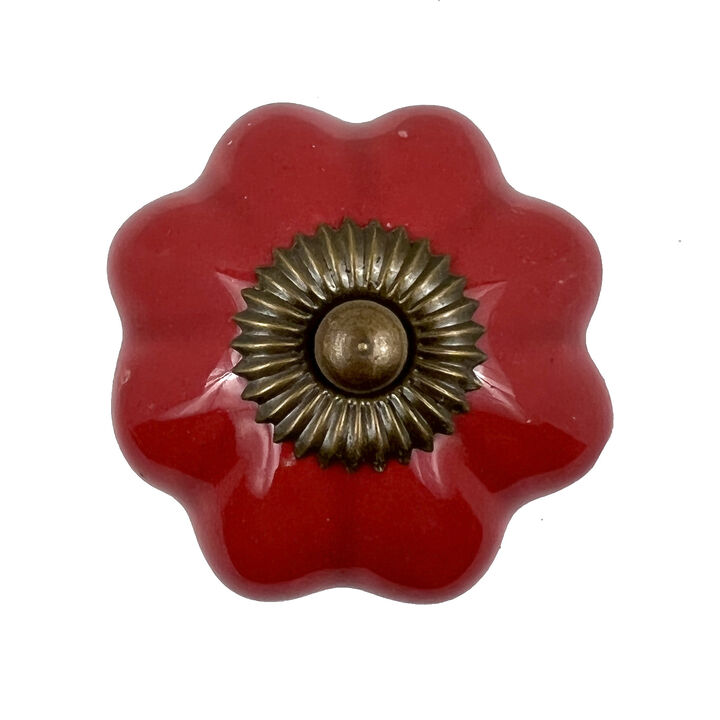 HomeRoots Set of Six Red Floral Knob Ceramic Drawer Pull Knobs