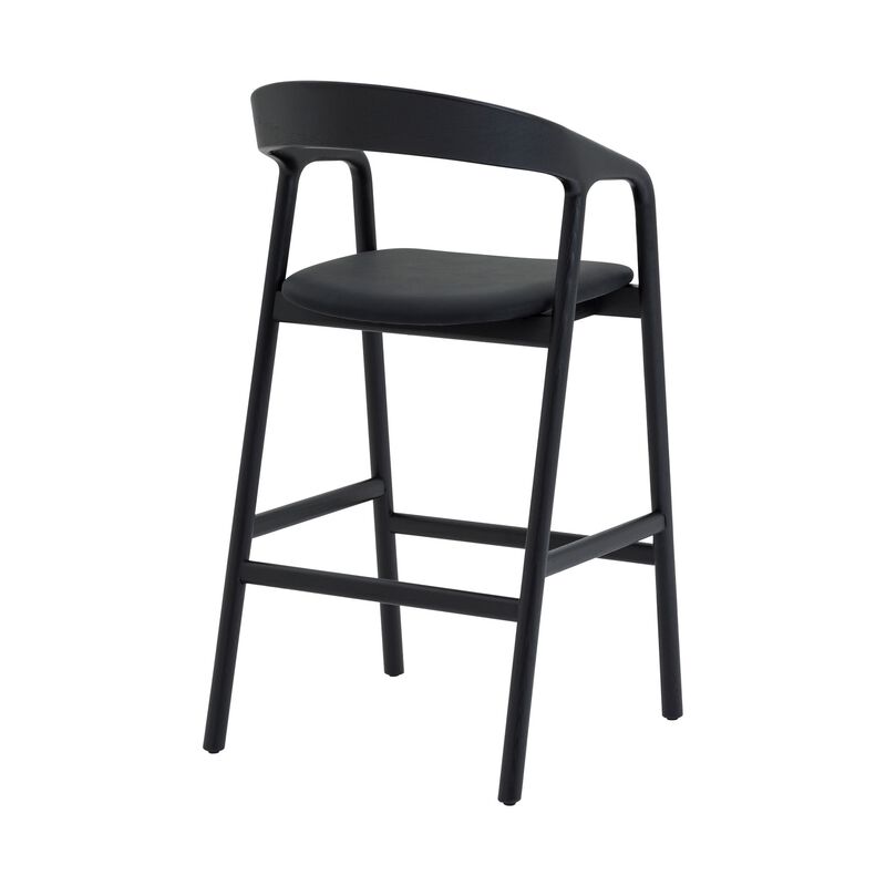 Agas Counter Stool Chair, Curved Faux Leather Upholstery, Black Oak Wood - Benzara