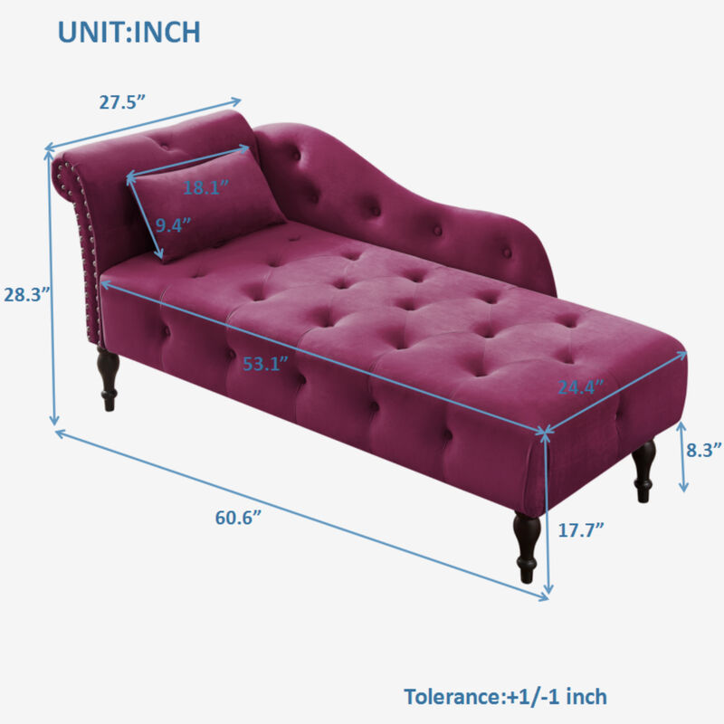 Merax Velvet Chaise Lounge Buttons Tufted Nailhead Trimmed Solid Wood Legs image number 3