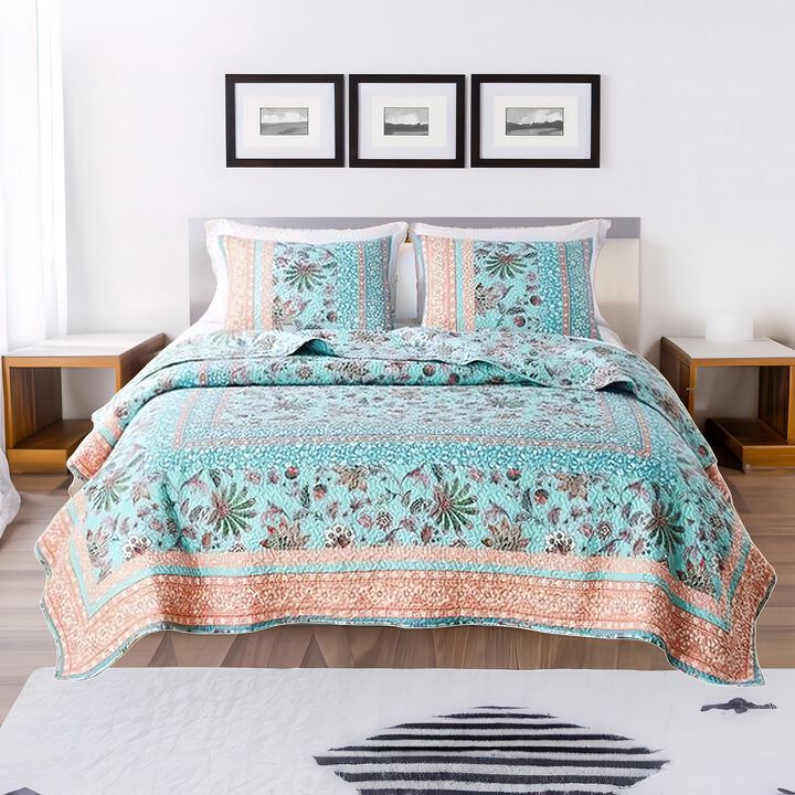 3 Piece Full Queen Quilt Set with Floral Print, Blue and White - Benzara
