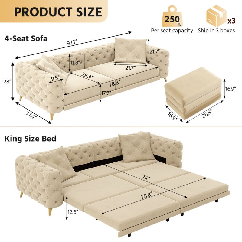 Whisen 97.7" 4-Seat Convertible Sleeper Sofa, Velvet 3-in-1 with Ottoman for Apartment Office image number 9
