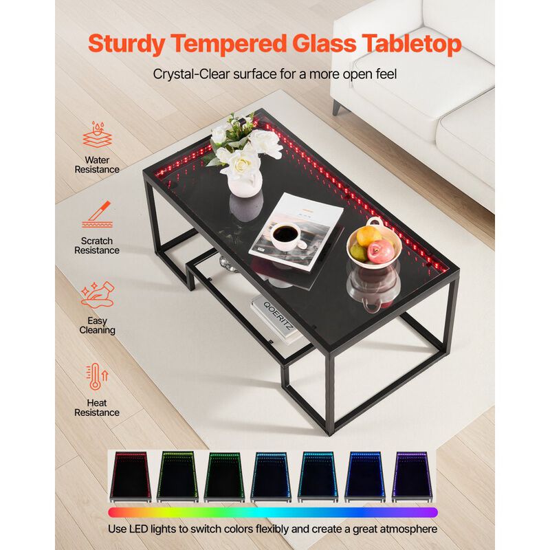 Modern Glass Coffee Table with LED Lighting and 2-Tier Storage image number 6
