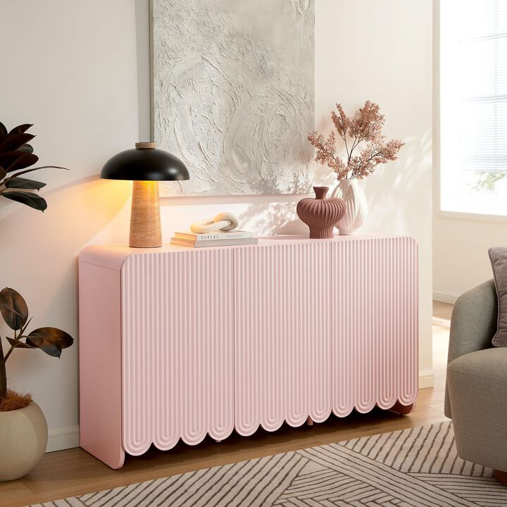 Modway Dahlia 55-Inch Fluted Sideboard Cabinet in Soft Pink &mdash; Accent Storage Cabinet with Adjustable Shelves &mdash; 3-Door Scalloped Sideboard for Living Room, Entryway, or Dining Room