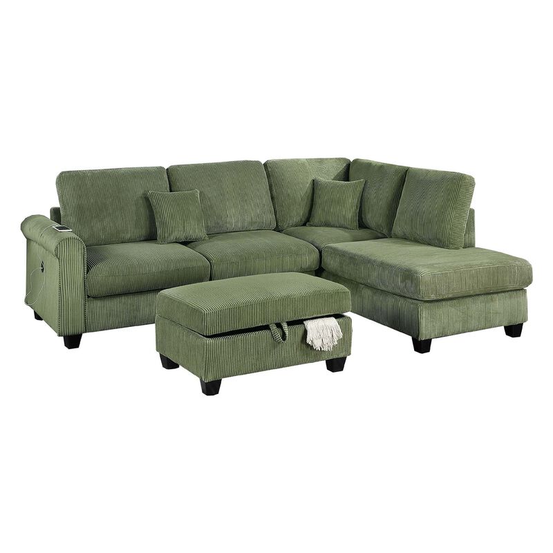 Roe 3pc Sectional Sofa Set w Chaise, Ottoman, 2 Pillows, Sage Green - Benzara