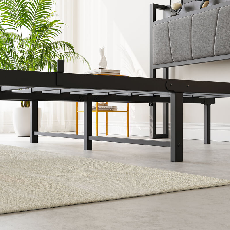 Bed Frame with Storage Headboard Charging Station and Sturdy Design