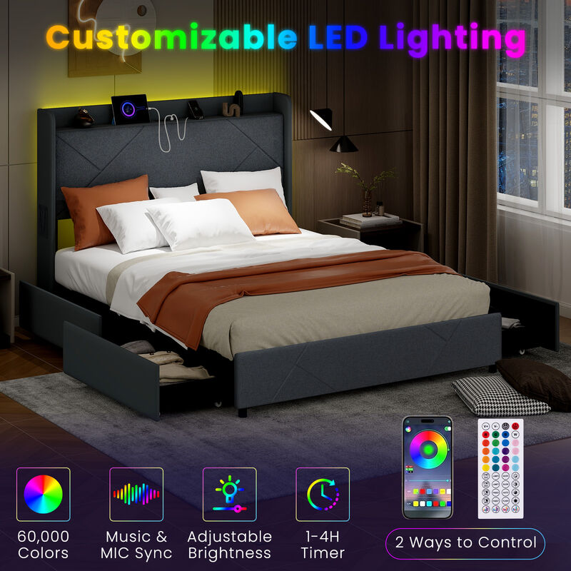 Bed Frame with LED Lights and Charging Station