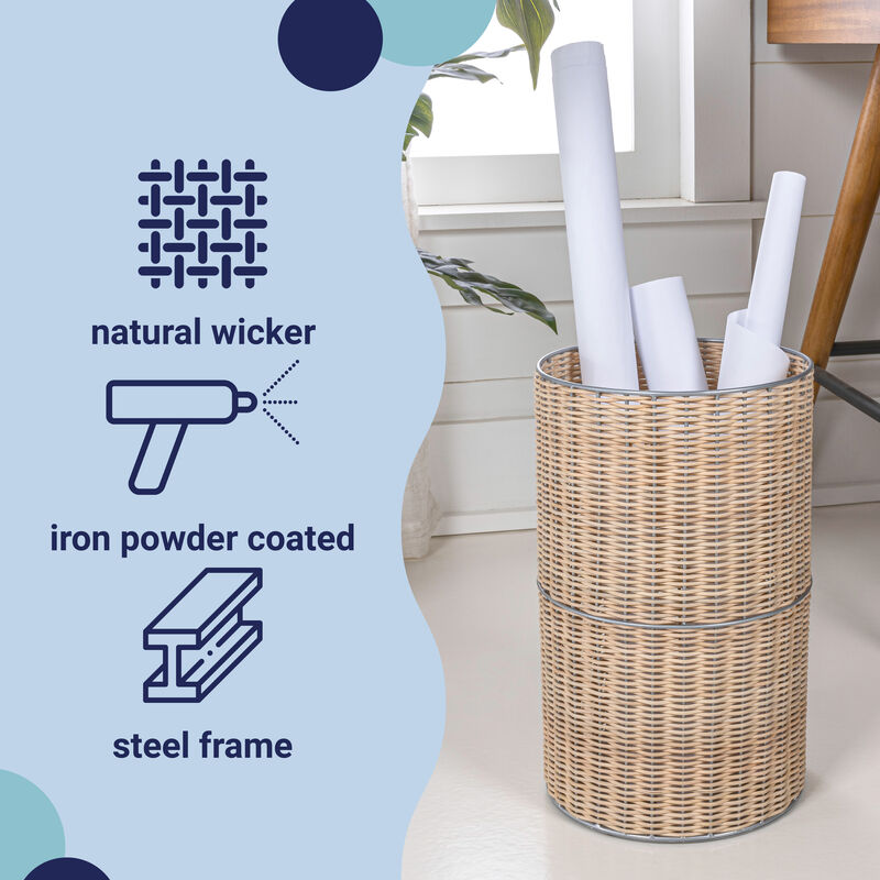 Cecil Modern Faux Wicker Cylinder Waste Basket