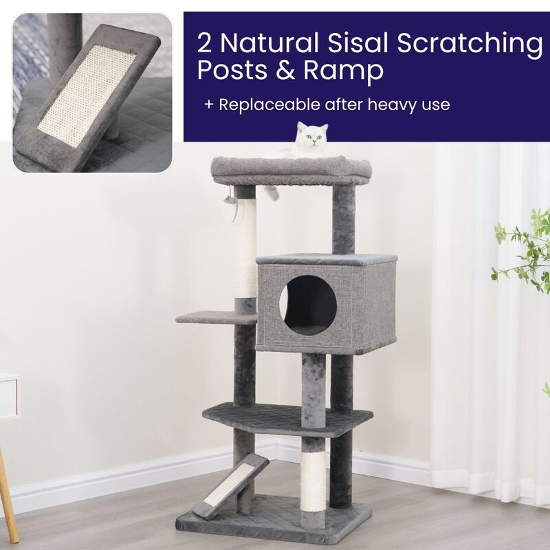 Catry 4-Level 49" Linen & Plush Cat Tree with Natural Sisal Scratchers, Spacious Condo
