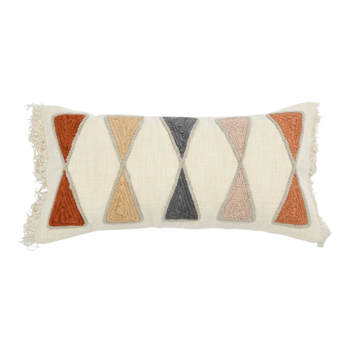 Embroidered Cotton Lumbar Pillow with Fringe, Terracotta Multicolors