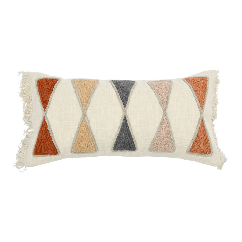 Embroidered Cotton Lumbar Pillow with Fringe, Terracotta Multicolors image number 0