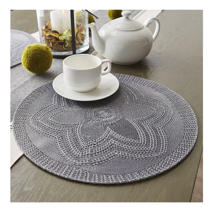 Set of 6 Gray Floral Woven Round Placemat  15"