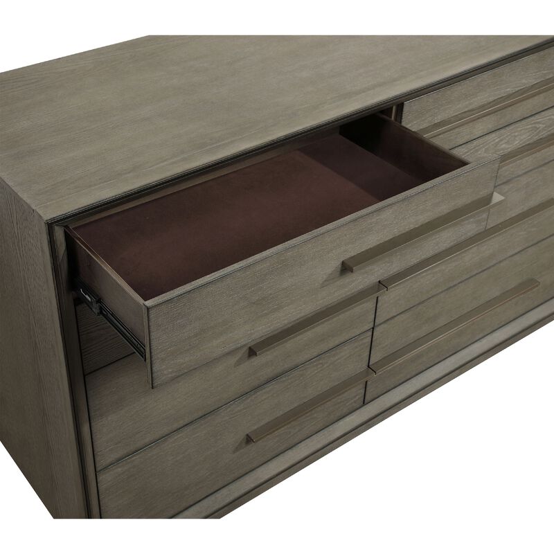 Lyni Wide Dresser, 8 Storage Drawers, Open Shelf, Taupe Oak Brown image number 4