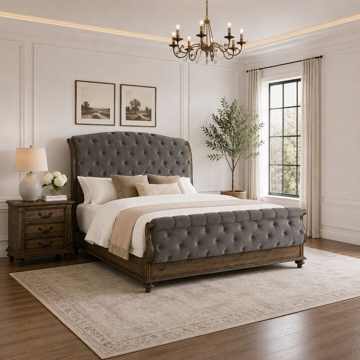 Queen Bedroom Set, Gray, Brown Wood, 2 Piece Set with Nightstand