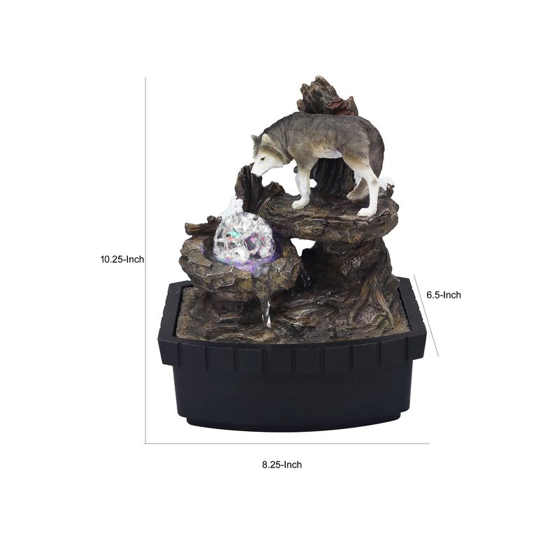 Eci 10 Inch Wolf Tabletop Water Fountain, LED Lights, Painted Gray Finish - Benzara