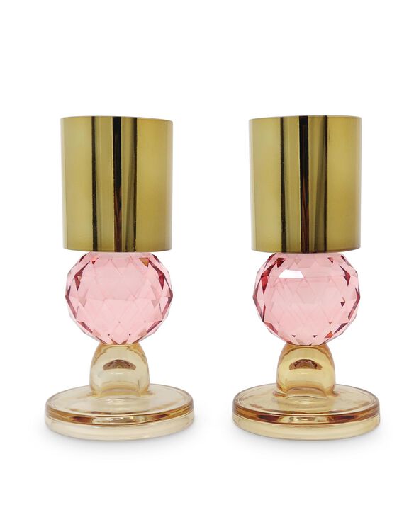 HomeRoots Set of Two Amber Gold And Pink Faceted Crystal Tabletop Taper Candlesticks